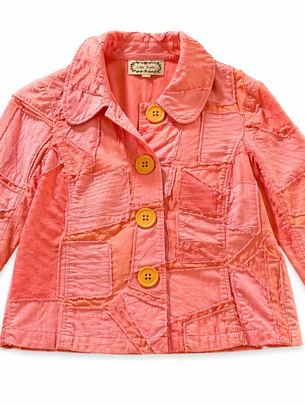 Life Style Patchwork Jacket Women’s M Coral Boho Raw Edge Cropped Coat 19x21